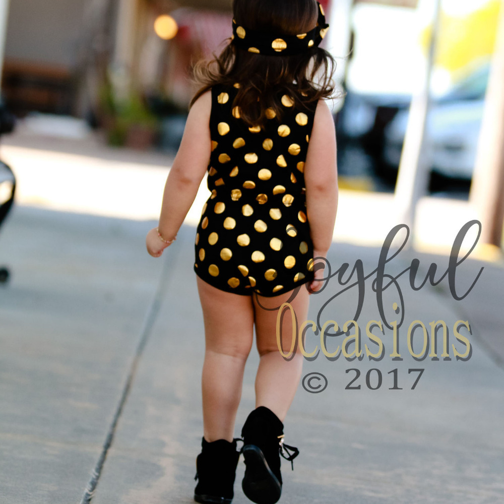Rompers For Baby and Toddler Girls Romper Onepiece Bodysuit Black and Gold - Picture 7 of 8